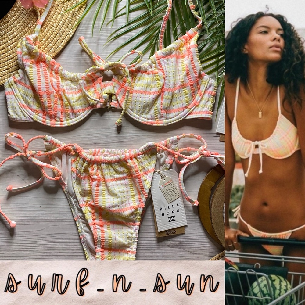 Billabong ☀️ Plaid Pink + Yellow Tropical Underwire Bikini Top | Tie Side Bottom